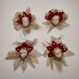 Vintage Poinsettia Doll Face Ornaments Set Of 4 Red And Gold Christmas Decor